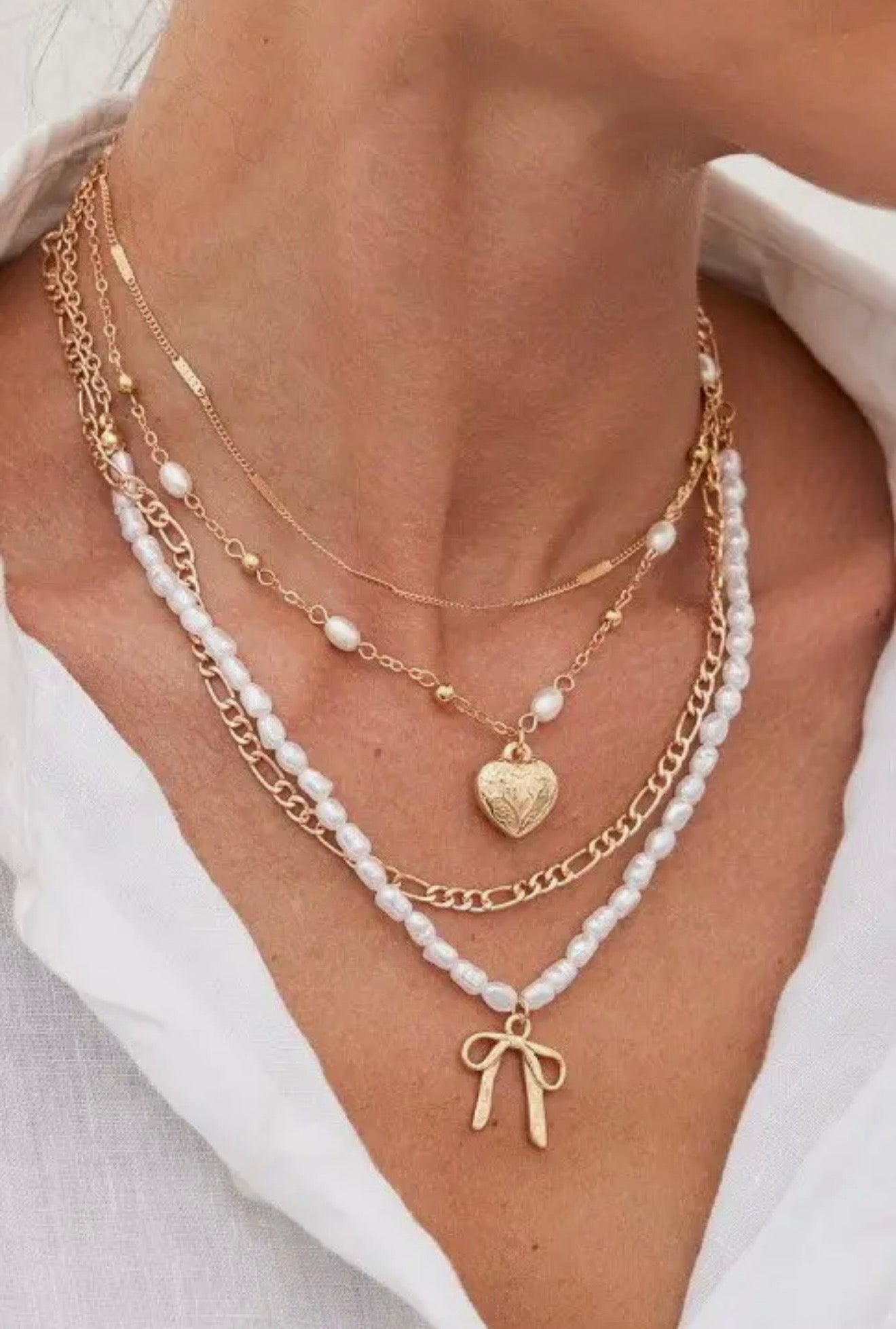 pearl bow layering necklaces