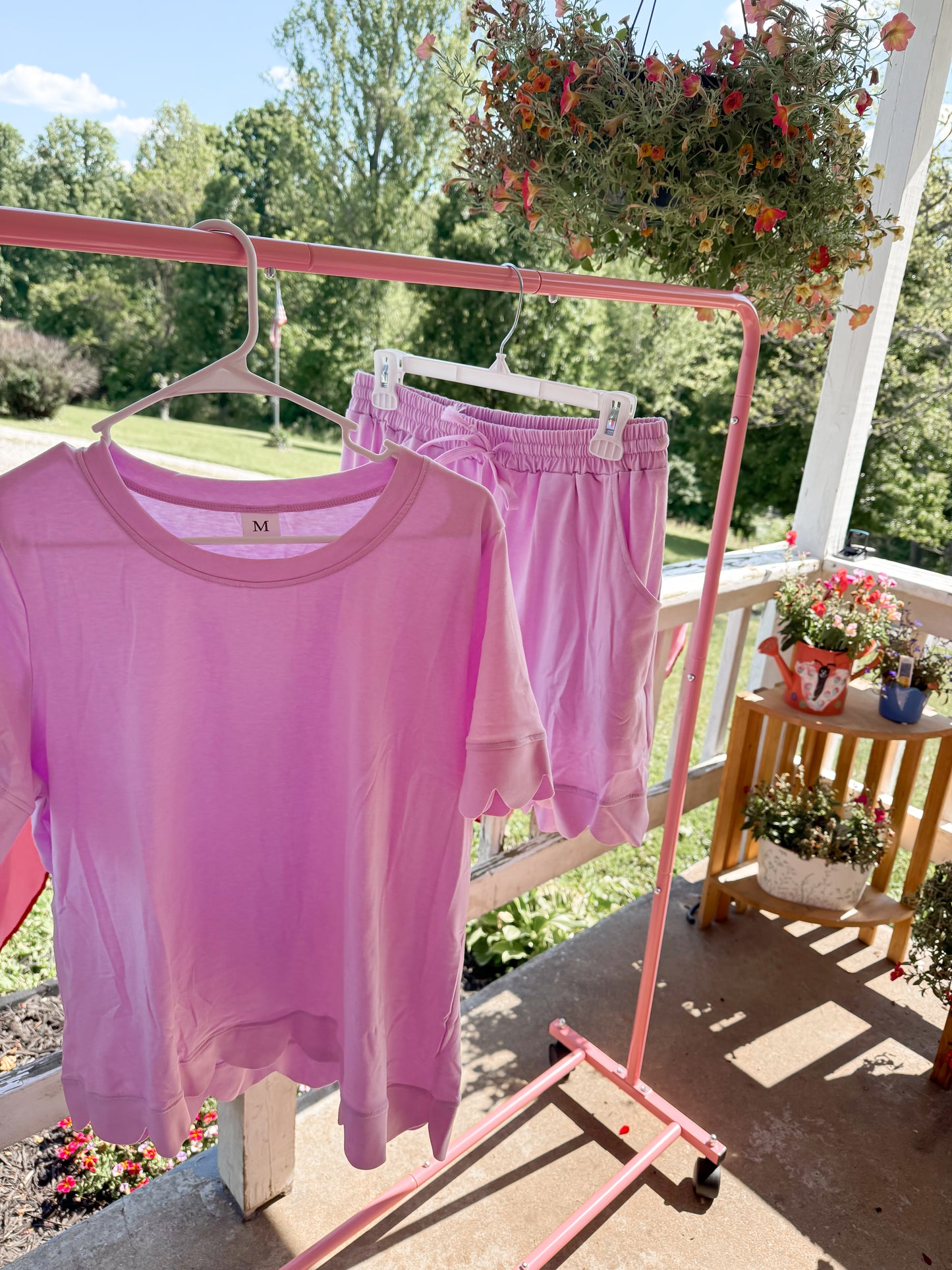 pink scalloped short set