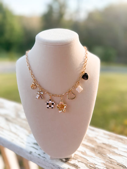 checkered flower charm necklace