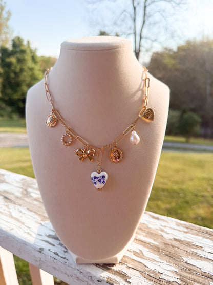 porcelain bow & heart charm necklace