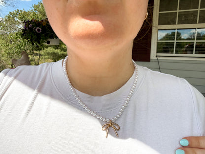 pearl chain bow charm necklace