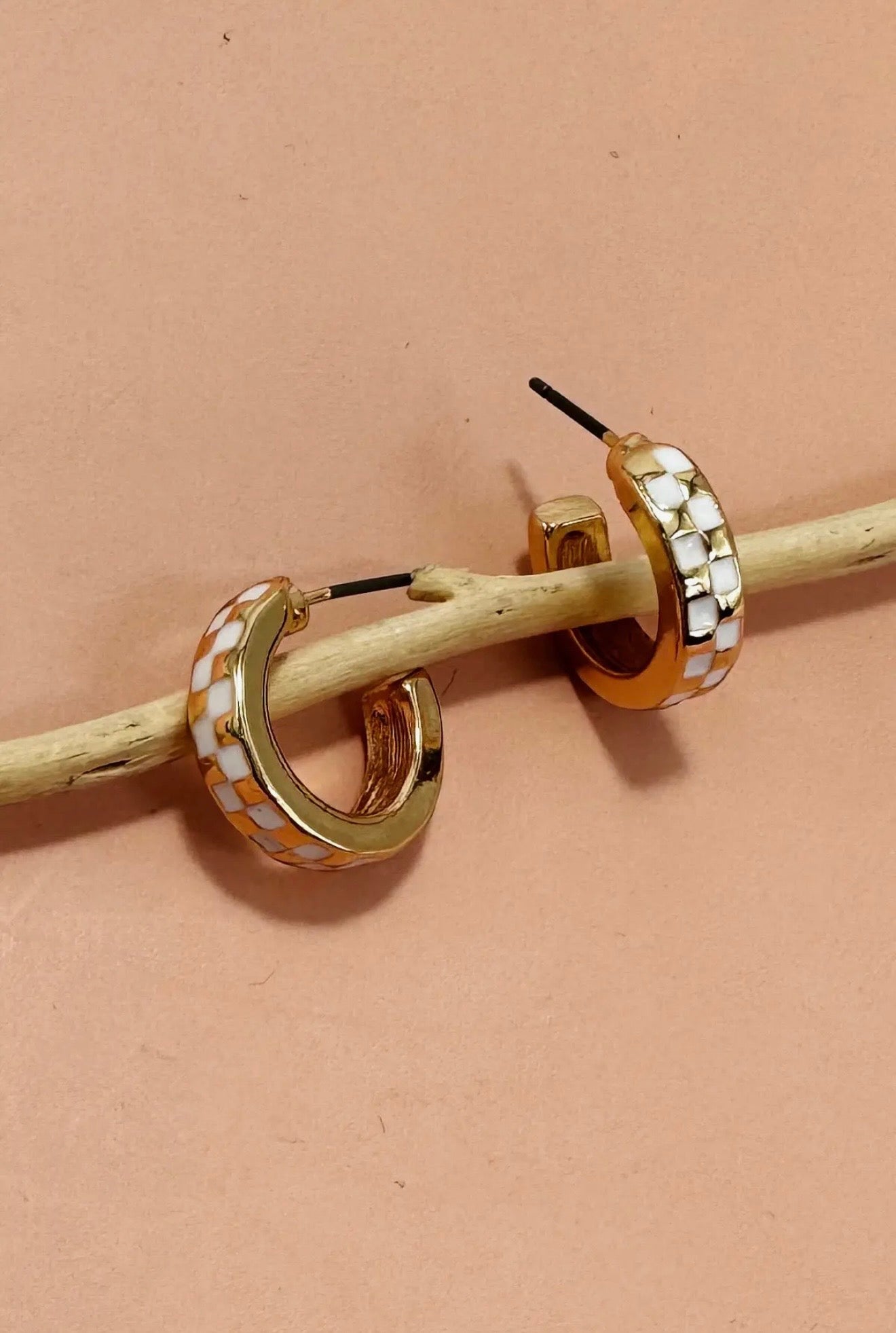 white & gold checker huggie hoops