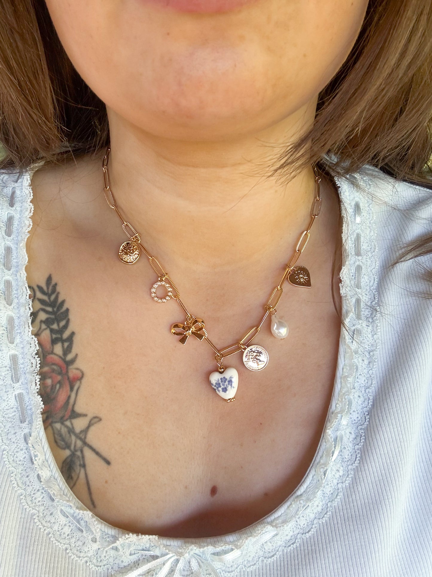 porcelain bow & heart charm necklace