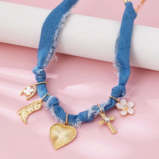 western denim charm necklace