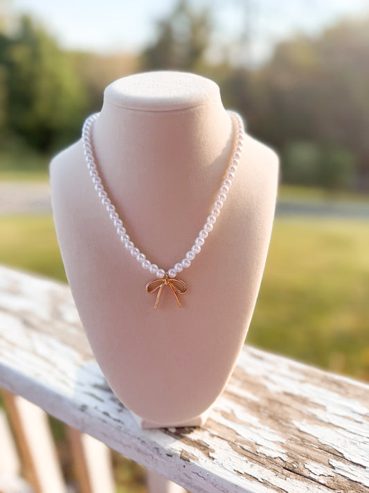 pearl chain bow charm necklace