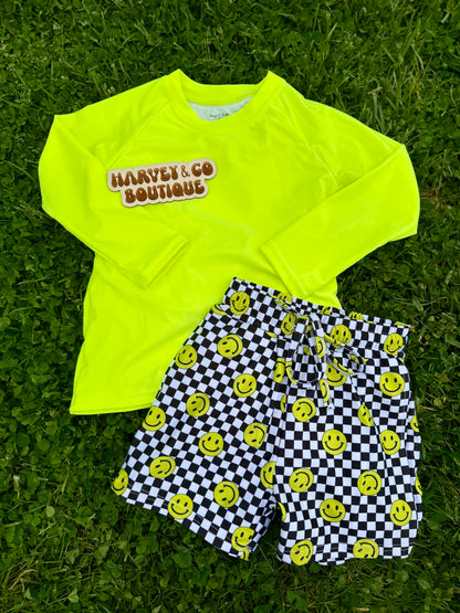 smiley splash swim trunk+rash guard set