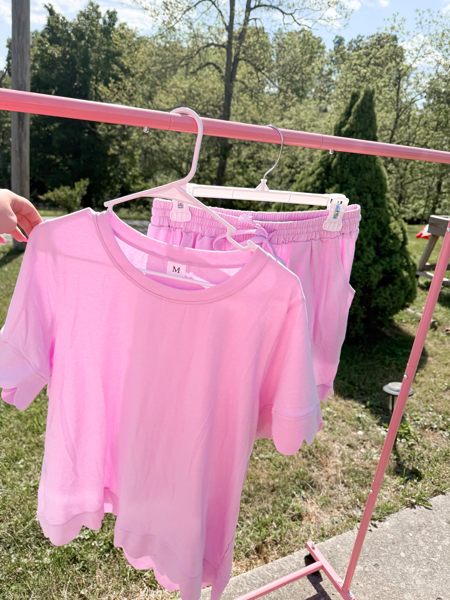pink scalloped short set