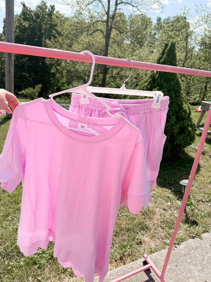 pink scalloped short set